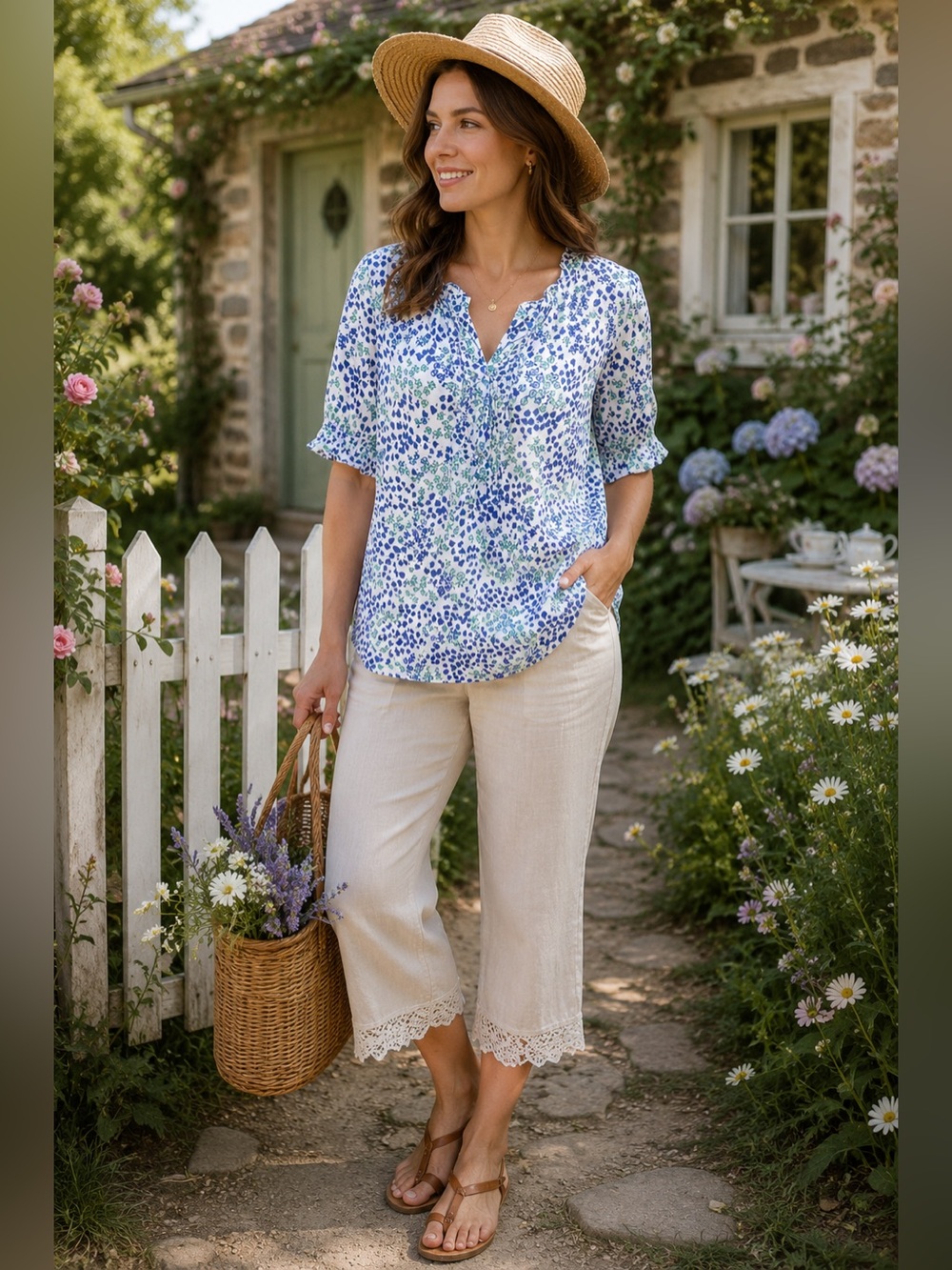 Talbots XL Split-Neck Blue/Aqua Printed Floral Cotton Blouse Cottagecore